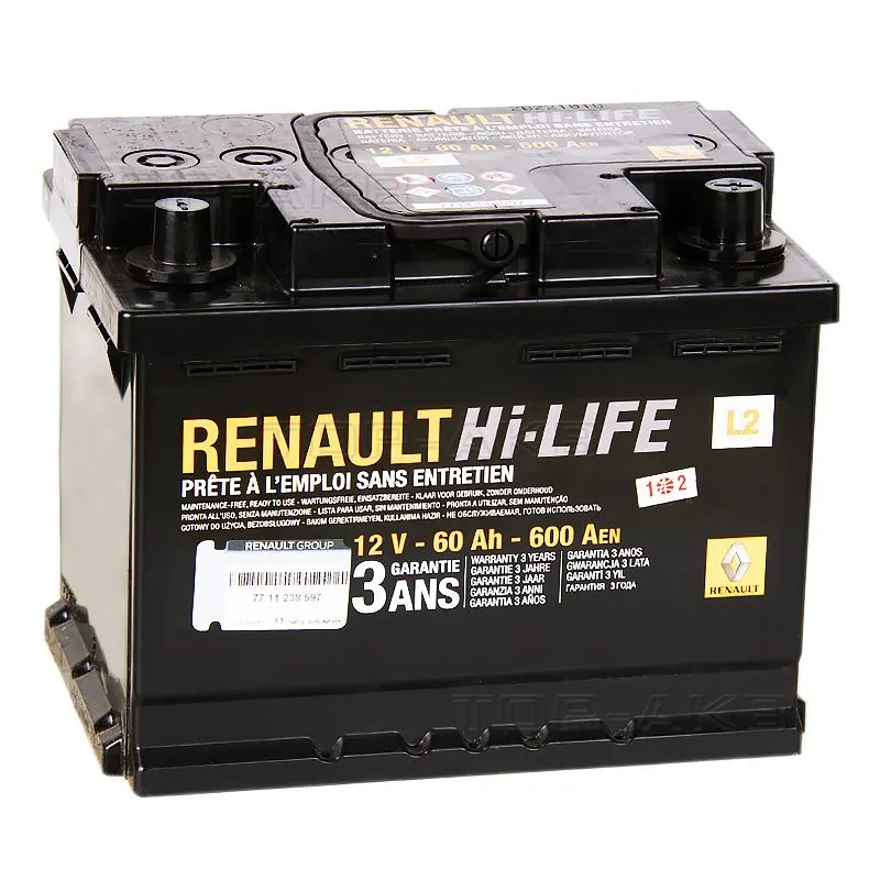 RENAULT STANDART 60Ач 600А 77 11 238 597, ОП, стандартные клеммы