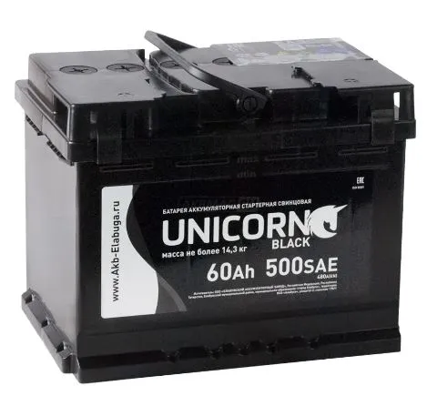 UNICORN Black 60Ач 500А, ОП, стандартные клеммы