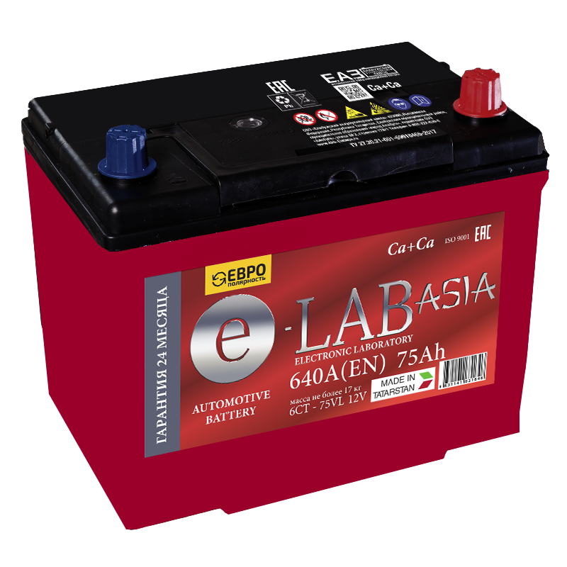 Аккумулятор автомобильный E-LAB Asia 85D26L 75 Ач 640А Обратная полярность (260x175x225)