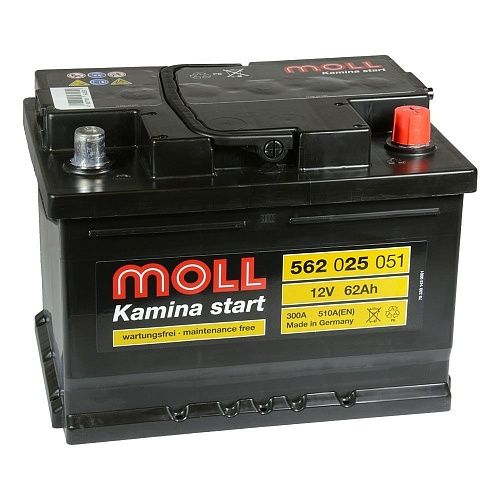Аккумулятор автомобильный Moll Kamina Start 62SR низкий 510A (562 025 051) 62Ач 510А Обратная полярность (242x175x175)