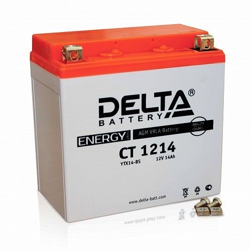 Мотоциклетный аккумулятор Delta CT 1214 YTX14-BS, YTX14H-BS, YTX16-BS, YB16B-A 14Ач 200А Прямая полярность (150x87x148)