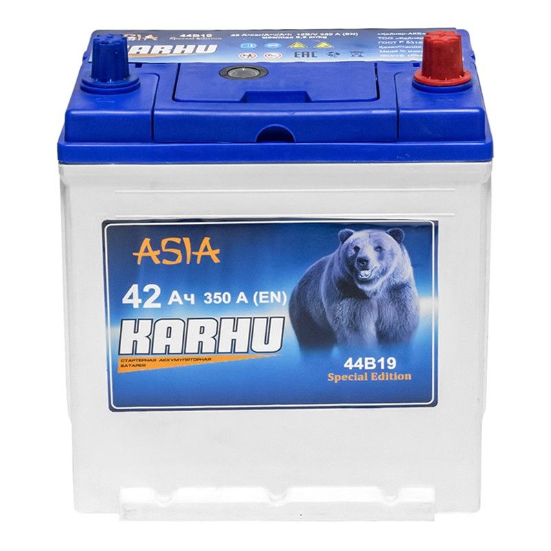 Аккумулятор автомобильный Karhu Asia 44B19R 42Ач 350А Прямая полярность (186х129х220)