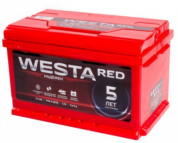 Аккумулятор автомобильный WESTA RED 6СТ-74VLR 74 Ач 750А Обратная полярность (278х175х175) низкий
