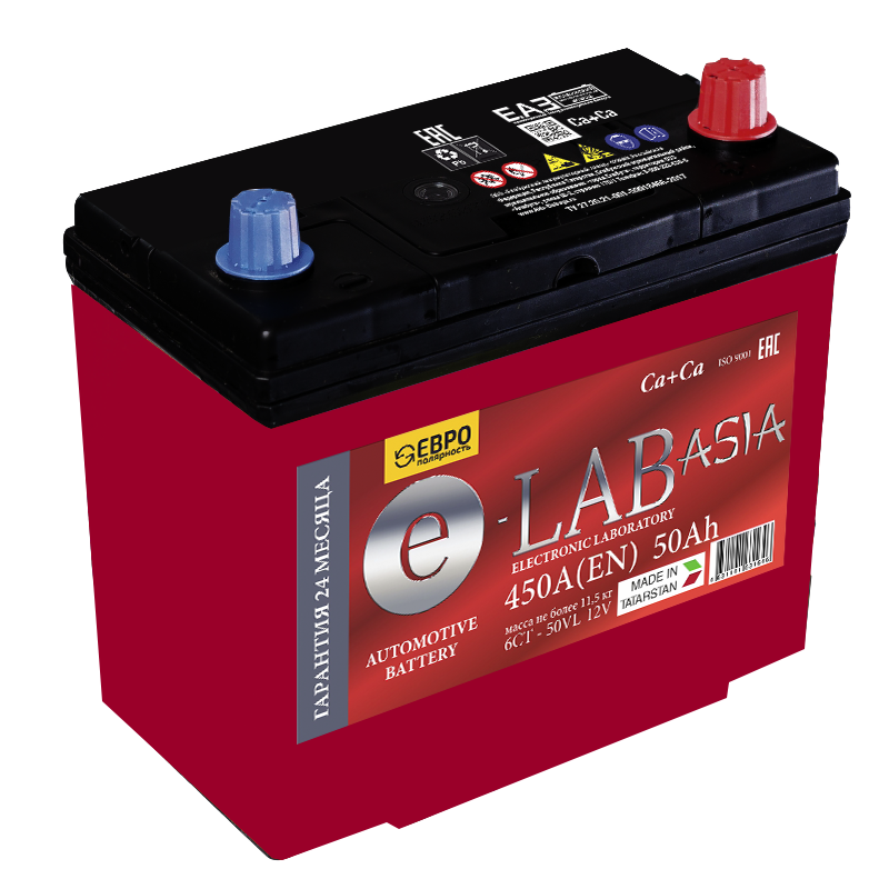 Аккумулятор автомобильный E-LAB Asia 50B24L 50 Ач 450А Обратная полярность (236х129х225)